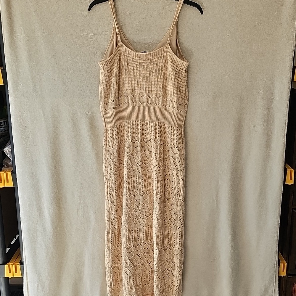 NWT Freshman 1996 Stretchy Strappy Crochet Midi Dress Tan L Whimsical Festival - Picture 6 of 6